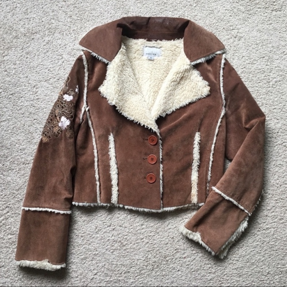 Jacket WILSONS LEATHER Boho Foral Embroidery Suede Leather Shearling Size Large